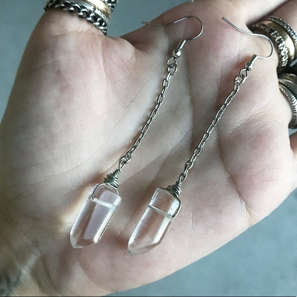 Genuine crystal quartz boho dangly stainless steel earrings - Picture 2 of 7